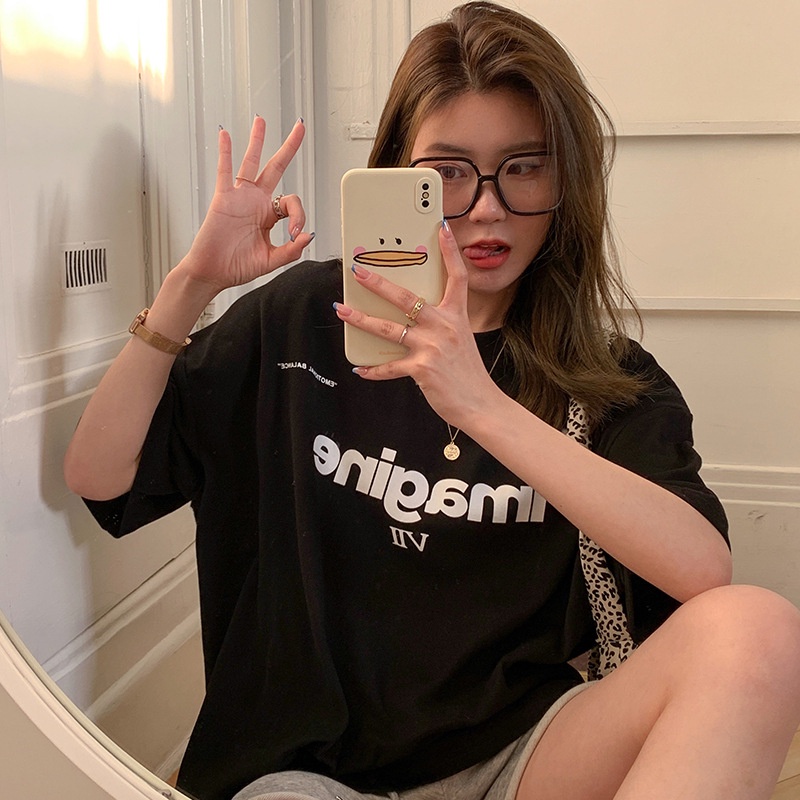 Áo Thun Tay Lửng Dáng Rộng In Chữ Trước Sau Lưng Phong Cách Hàn Quốc