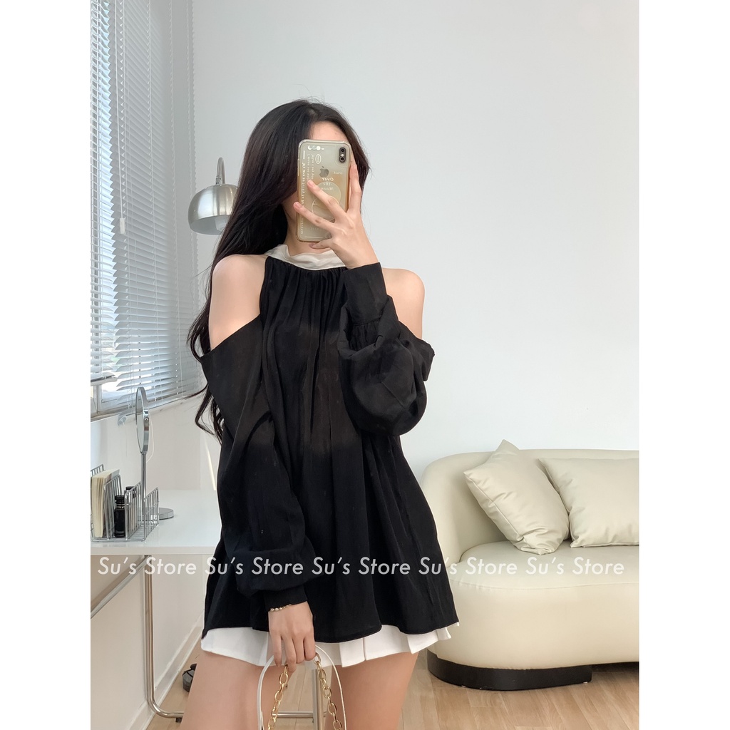 Áo sơ mi voan khoét vai dây buộc nơ A2731 SUSTORE