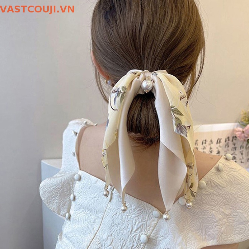 Dây Buộc Tóc Hình Nơ Đính Ngọc Trai Đơn Giản Phong Cách Hàn Quốc