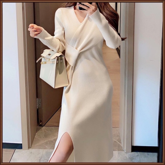 Đầm Dệt Kim Tay Dài Cổ Chữ V Xẻ Tà Màu Sắc Đơn Giản Phong Cách Retro Dành Cho Nữ