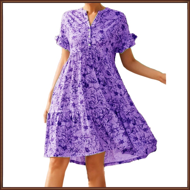 Đầm Tay Ngắn Cổ Chữ V Dáng Chữ A In Họa Tiết Hoa Thời Trang Mùa Hè Cho Nữ