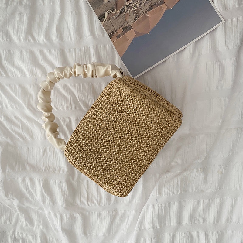 Túi Xách Đan Cói Phối Dây Xích Màu Sắc Tương Phản Phong Cách Thời Trang Pháp Dành Cho Nữ