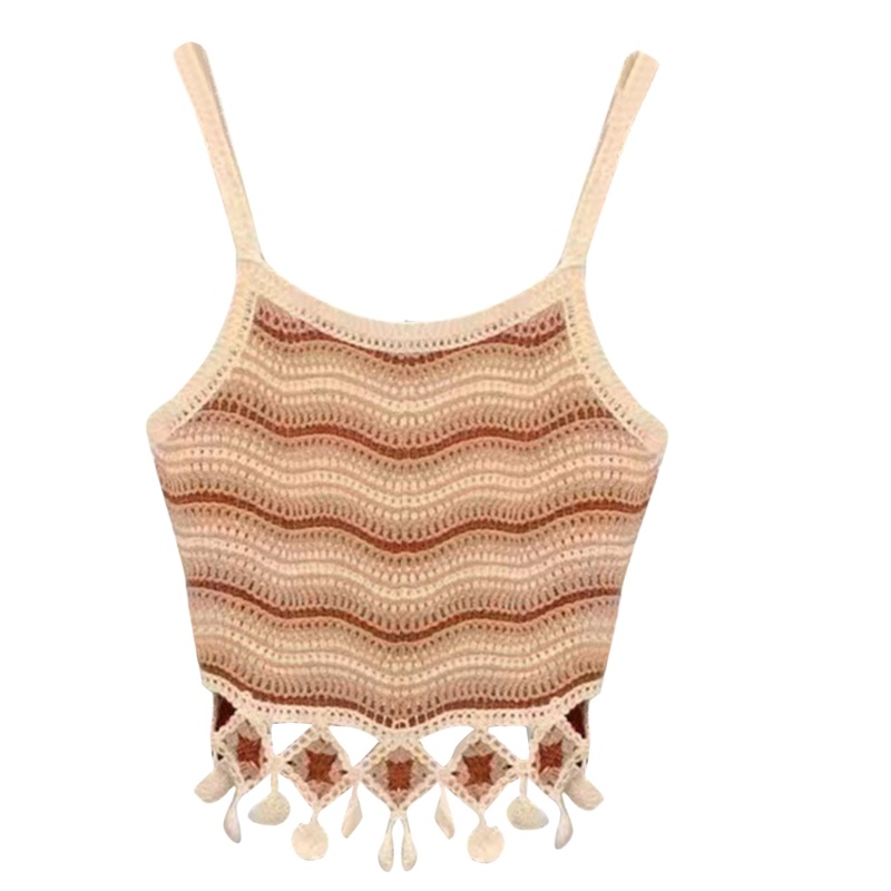 Áo Dệt Kim Sát Nách Cổ Tròn Phối Tua Rua Thời Trang Mùa Hè Dễ Thương Cho Nữ