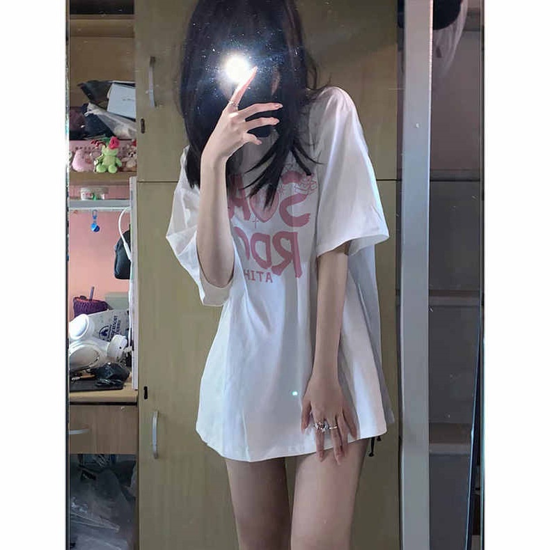 Áo Thun Cotton Ngắn Tay Dáng Rộng In Chữ Sau Lưng Thời Trang Mùa Hè Cho Nữ