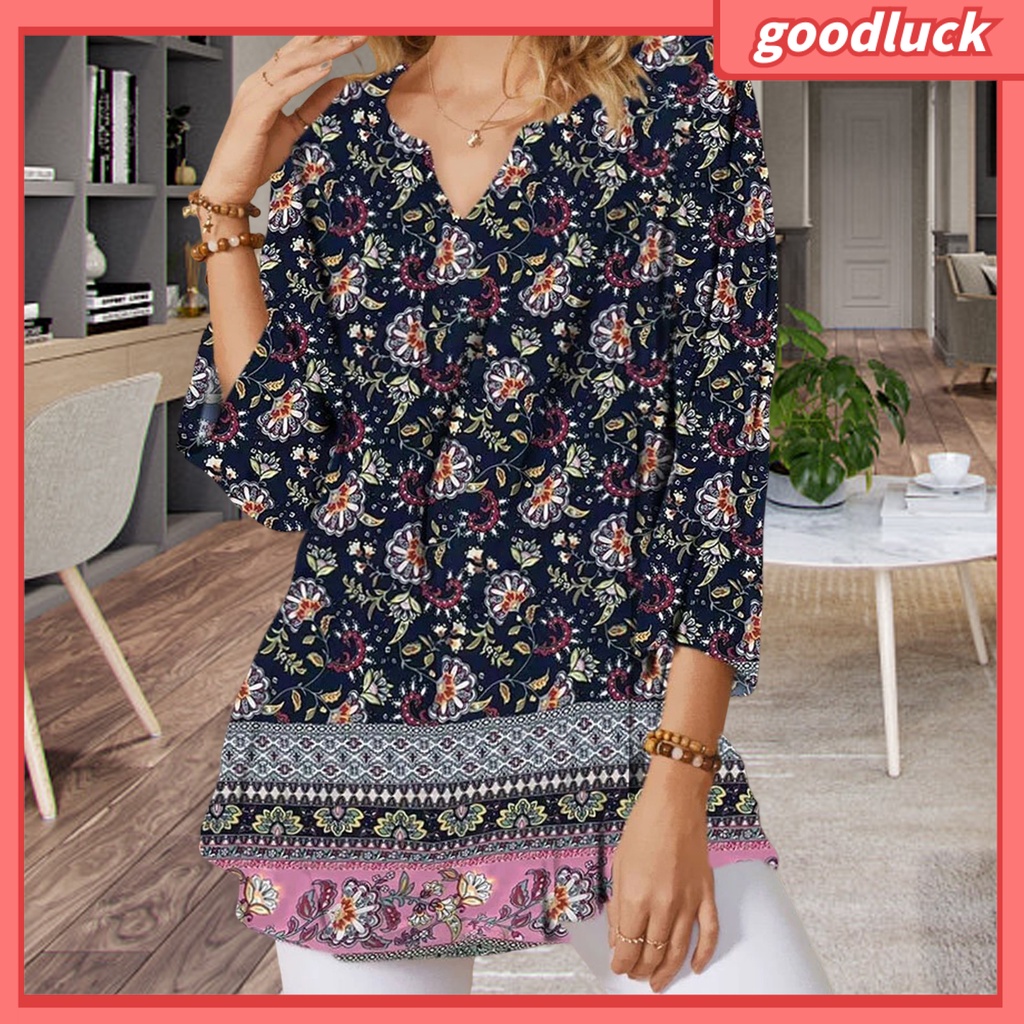 Áo Sơ Mi Tay Lỡ 3 / 4 Cổ Chữ V Họa Tiết Hoa Phong Cách Bohemian Dành Cho Nữ