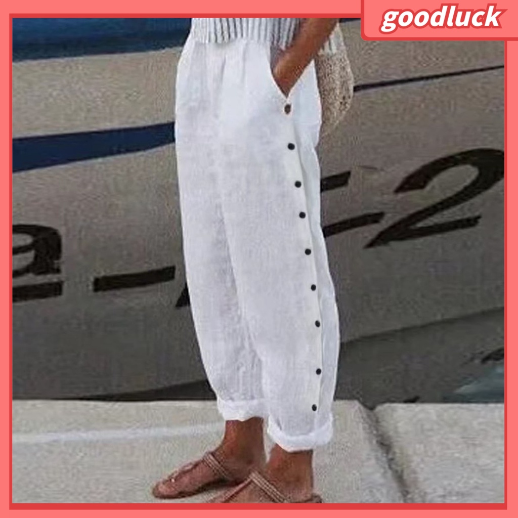 [ULK] Quần Dài Dáng Rộng Lưng Thun Màu Trơn Có Hai Túi Cài Nút Trang Trí Mặc Hàng Ngày Đơn Giản Cho Nữ