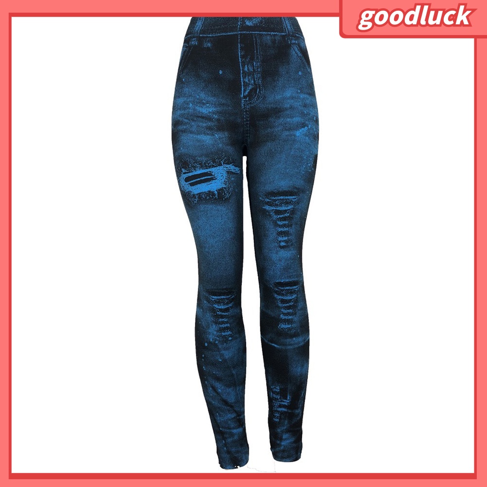 [ULK] Quần Legging Giả Jean Rách Dáng Bút Chì Co Giãn Nâng Hông Cho Nữ Plus Size