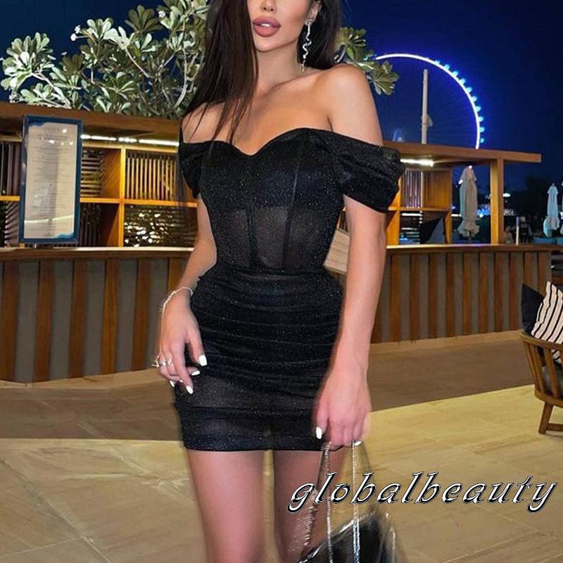 Đầm Midi Tay Ngắn Trễ Vai Eo Cao Màu Bạc / Đen Thời Trang Mùa Hè Cho Nữ