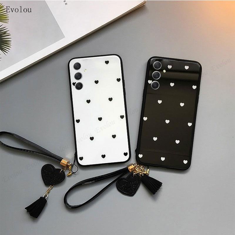 Ốp Điện Thoại Kính Cường Lực Cứng Họa Tiết Trái Tim Nhỏ Có Dây Tua Rua Samsung M54 M14 5G Galaxy A54 A34 A24 A14 A04E