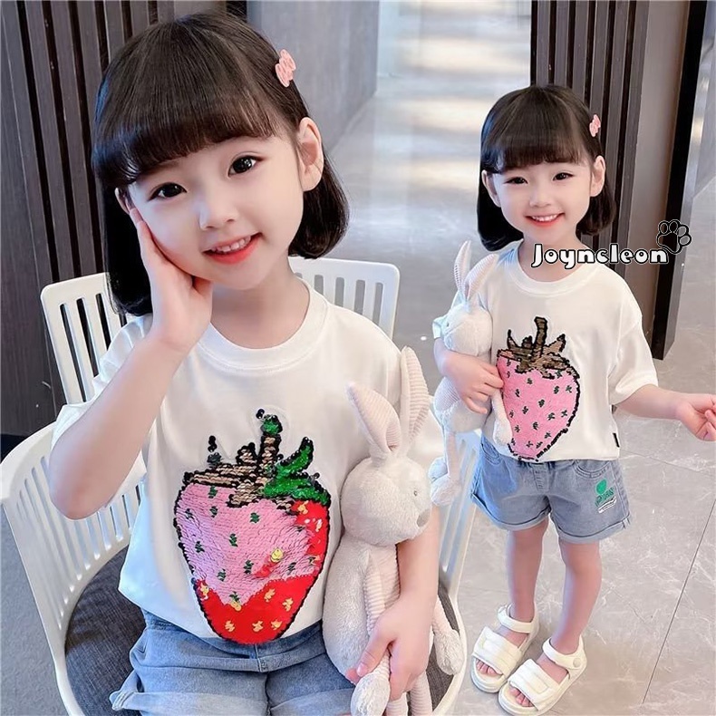 Joyncleon Áo Thun Tay Lửng Dáng Rộng Họa Tiết Dâu Tây Đính Kim Sa Thay Đổi Màu Sắc Dành Cho Nữ