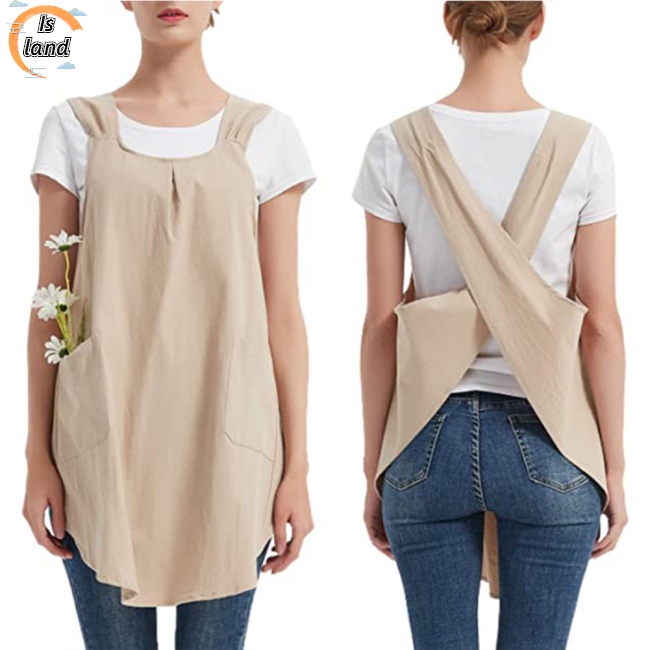 Tạp Dề Cotton Lanh Màu Trơn Dây Chéo Có Túi 2 Ngăn Phong Cách Nhật Hàn Đơn Giản Cho Nữ