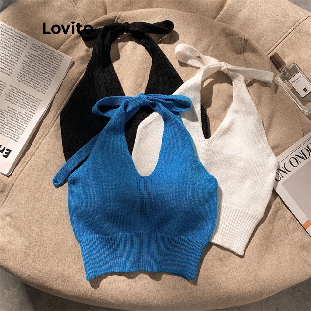 Áo dây Lovito không tay dệt kim thắt nơ lưng màu trơn thường ngày cho nữ LNE06020 (màu trắng/ xanh dương)