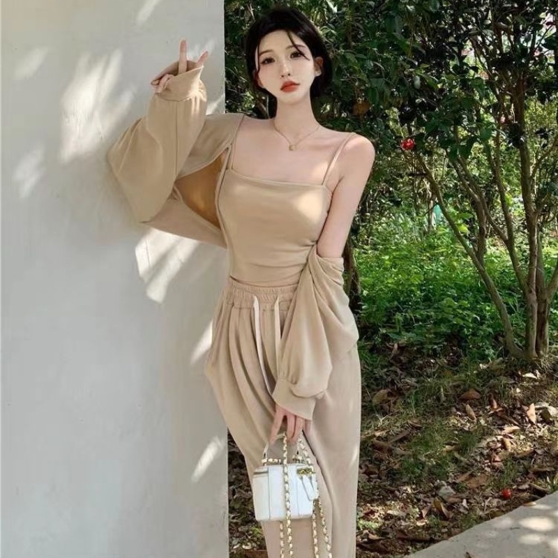 Set Áo Dây + Áo Khoác Cardigan + Quần Ống Rộng Thời Trang Xuân Hè Phong Cách Hàn Quốc Cho Nữ