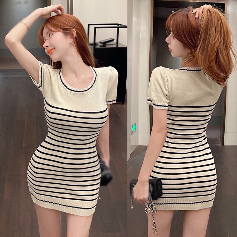 Đầm Dệt Kim Tay Ngắn Cổ Tròn In Họa Tiết Kẻ Sọc Thời Trang Xinh Xắn Cho Nữ