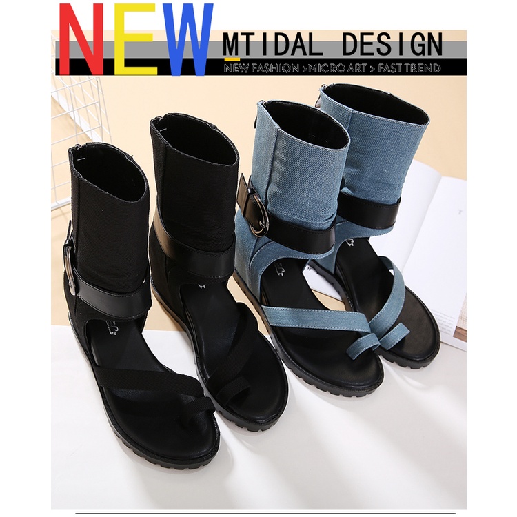 Giày Sandal Denim Đế Bằng Cao Gót Thoải Mái Phong Cách Roman