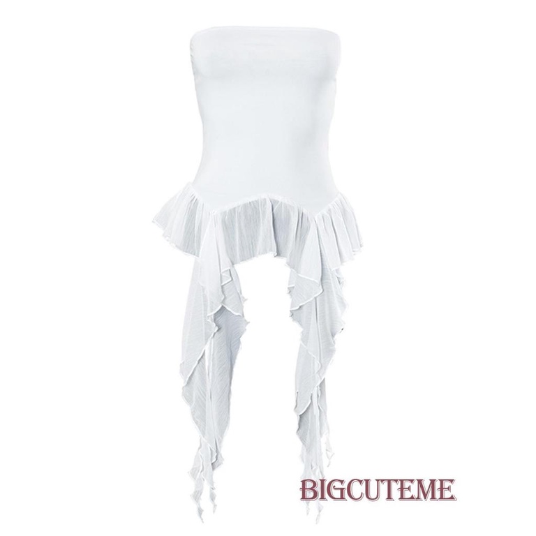 [] Áo Ống Nhún Bèo Hở Lưng Màu Trơn Thời Trang Mùa Hè Cho Nữ