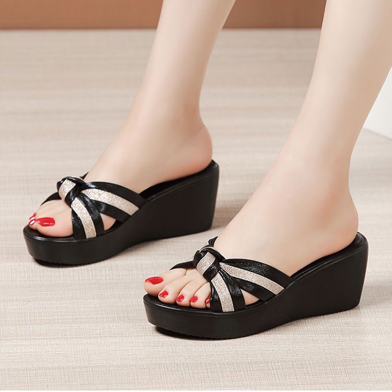 MUCHAO Dép Sandal Đế Bằng Dày Dặn Thắt Nơ Xinh Xắn Thời Trang Cho Nữ