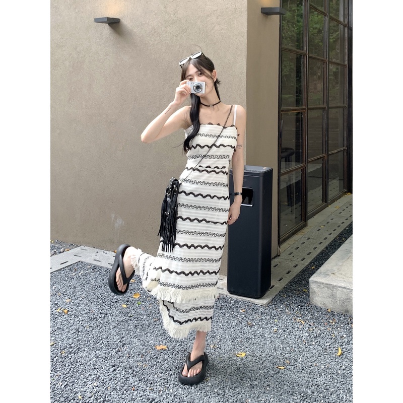 Đầm Hai Dây Dáng Dài In Họa Tiết Gợn Sóng Thời Trang Mùa Hè Xinh Xắn Cho Nữ