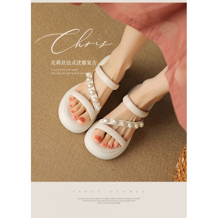 Duoya Tóc Thẳng ~ [Hàng Có Sẵn] Giày Sandal Đế Dày Hở Ngón Bằng Da Mềm Đính Hạt Thời Trang Nữ