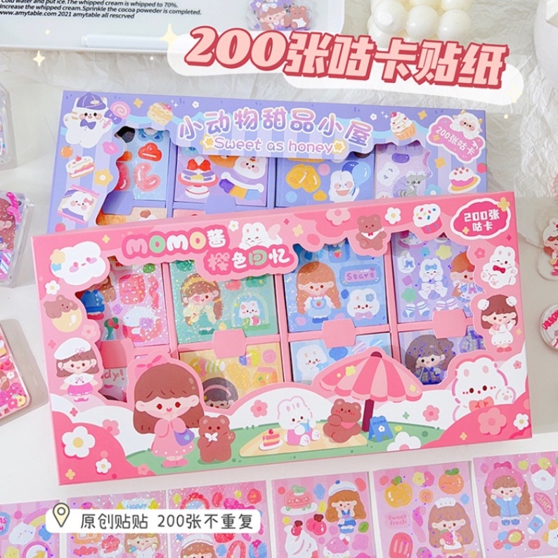 Hộp 200 Nhãn Dán Tự Trang Trí Sổ Tay Chống Nước Họa Tiết Hoạt Hình MOMO Dễ Thương Sáng Tạo DIY