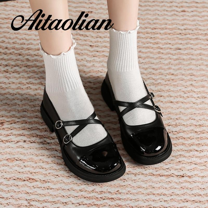 Giày Da Mũi Tròn 3cm Phong Cách lolita Đơn Giản Cho Nữ
