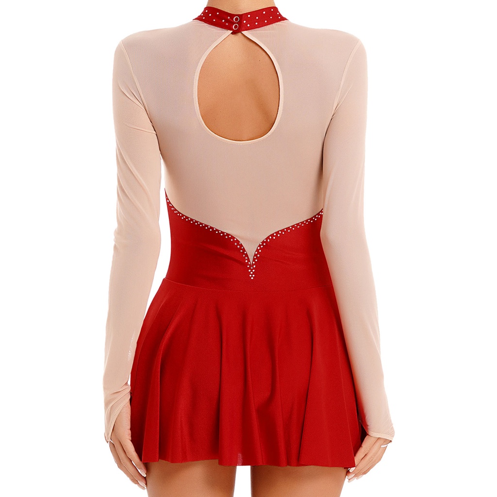 Nữ Sheer Lưới Chắp Vá Leotard Đầm Lấp Lánh Kim Cương Giả Dài Tay Võ Cổ Body Lyrical Khiêu Vũ Hình Trượt Băng Trang Phục