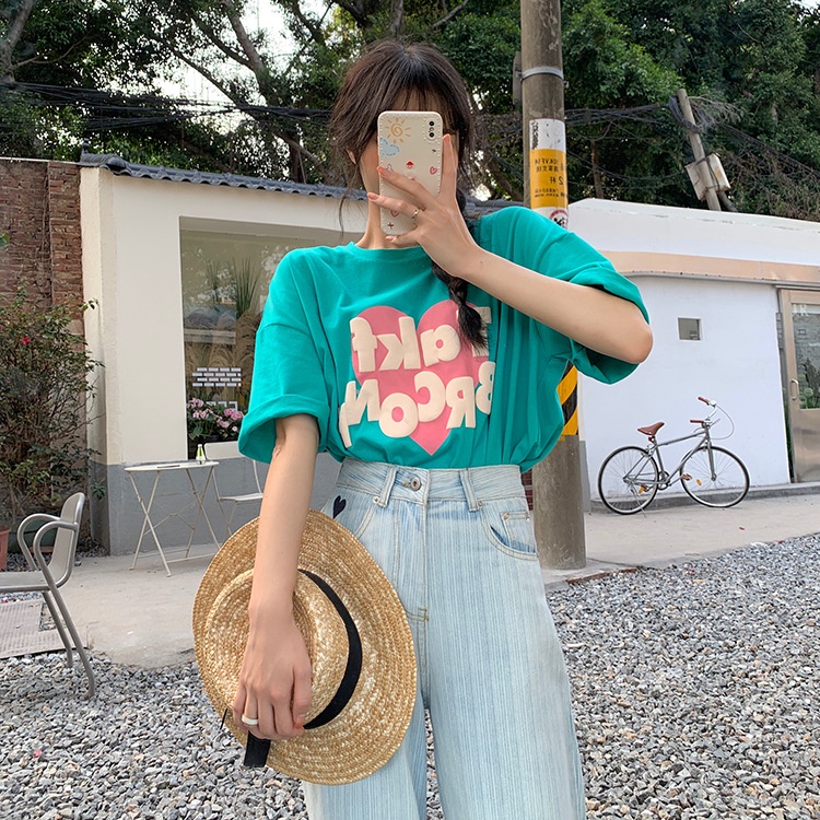 Áo Thun Đen Tay Ngắn Dáng Rộng In Hình Trái Tim Phong Cách Harajuku Thời Trang Cho Nữ