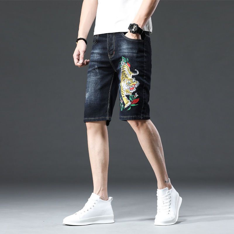 Zx6p Hàng Có Sẵn Quần Short Denim Thêu Hình Đầu Hổ Phong Cách Trung Hoa Retro Đường Phố Cho Nam