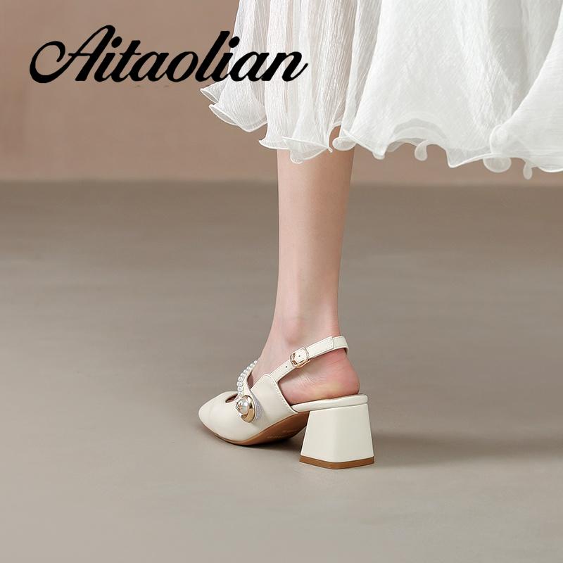 Xăng đan Cao Gót 5cm Da Mềm Mũi Vuông Màu Trơn Đính Ngọc Trai Thời Trang Cho Nữ