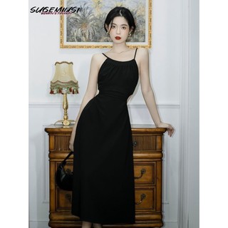 Sugemiusi Hepburn Đầm Dài Hai Dây Màu Đen Quyến Rũ Cao Cấp Cho Nữ