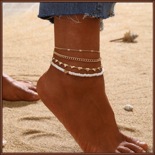 Set 4 Lắc Chân Nhiều Lớp Mặt Hình Trái Tim Phong Cách Retro Cho Nữ