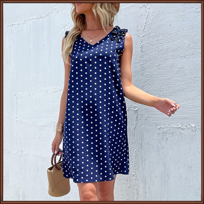 Đầm Midi Không Tay Cổ Chữ V Họa Tiết Chấm Bi Phong Cách Retro Dành Cho Nữ