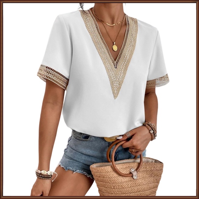 Áo Thun 100% Polyester 2023 Tay Ngắn Cổ Chữ V Phối Ren Dáng Rộng Cho Nữ