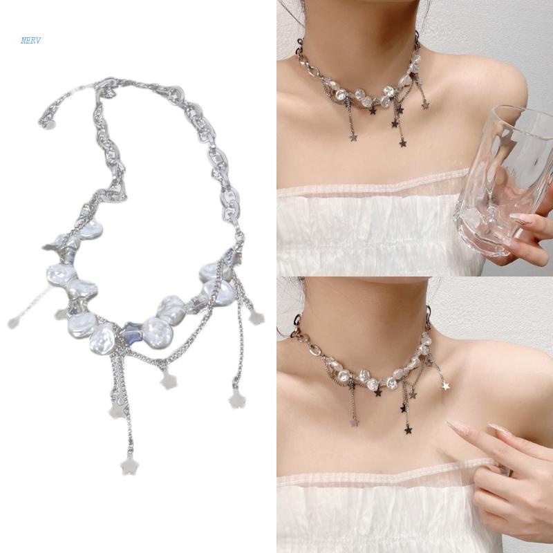 Vòng cổ Xương Quai Xanh Đính Ngọc Trai Nhân Tạo Hình Ngôi Sao Tua Rua Có Thể Điều Chỉnh Cho Nữ Sinh Je