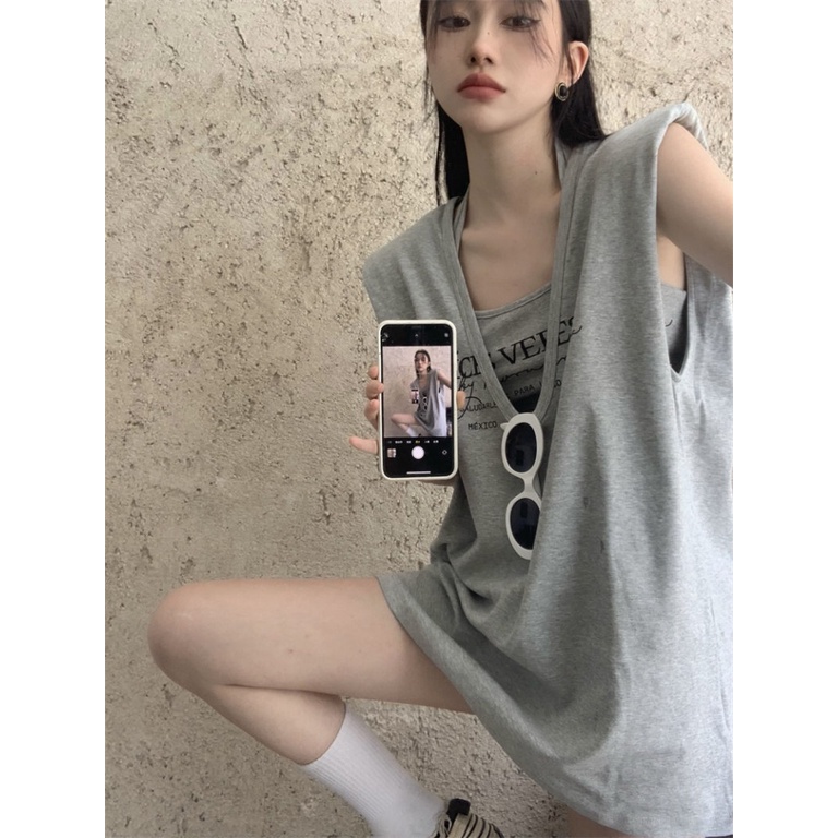 Áo Thun Không Tay Dáng Dài Rộng Giả Hai Lớp Phong Cách Mỹ Thời Trang Mùa Hè Cho Nữ