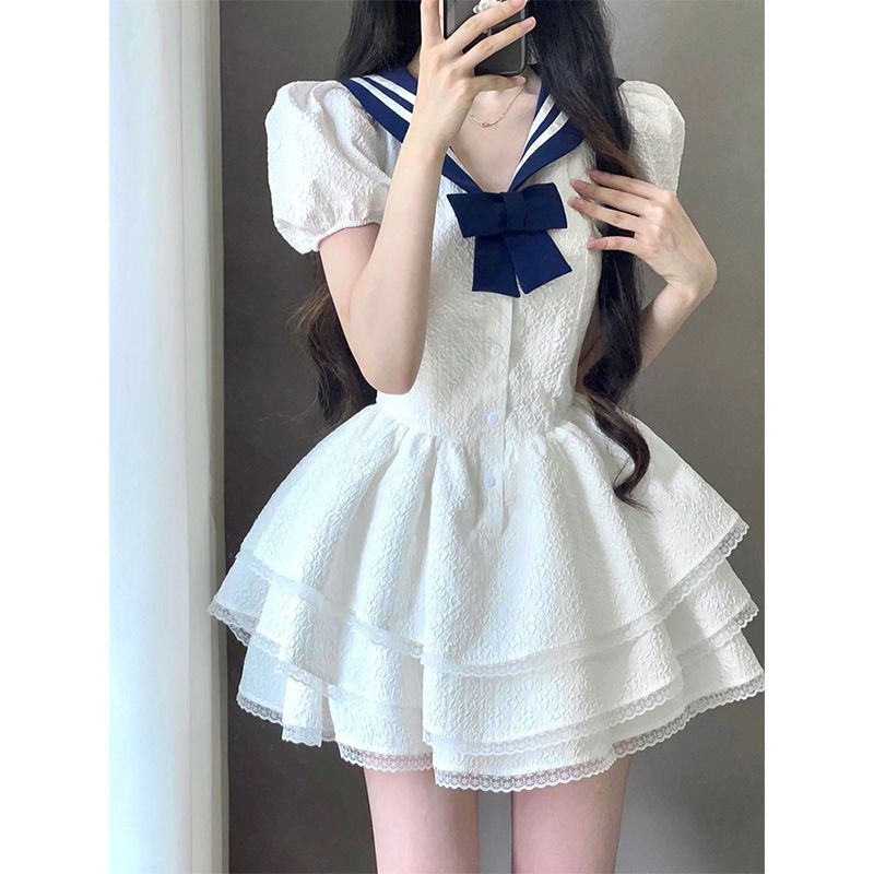 Đầm Ngắn Tay Phồng Cổ Thủy Thủ Màu Trắng Quyến Rũ Thời Trang Mùa Hè Cho Nữ BGZS