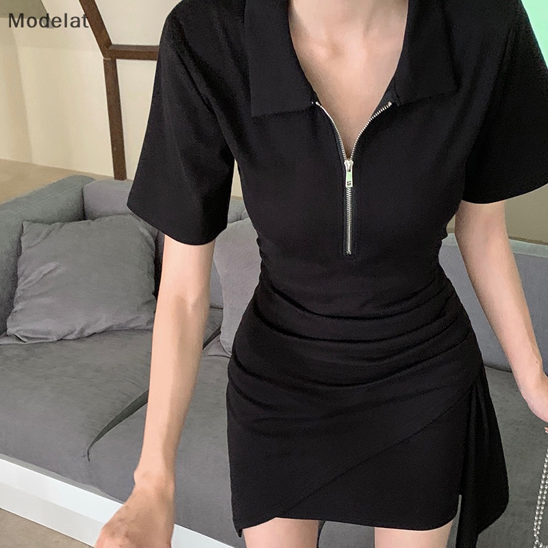 Mfc Đầm Ngắn Tay Ngắn Cổ Bẻ Xếp Ly Màu Trơn Phối Khóa Kéo Lệch Thời Trang Mùa Hè