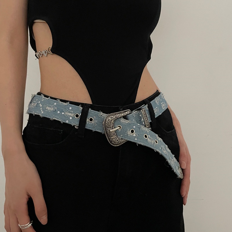 Thắt Lưng Denim Khóa Kim Loại Phong Cách Retro Hàn Quốc Thời Trang Mùa Hè Cho Nữ