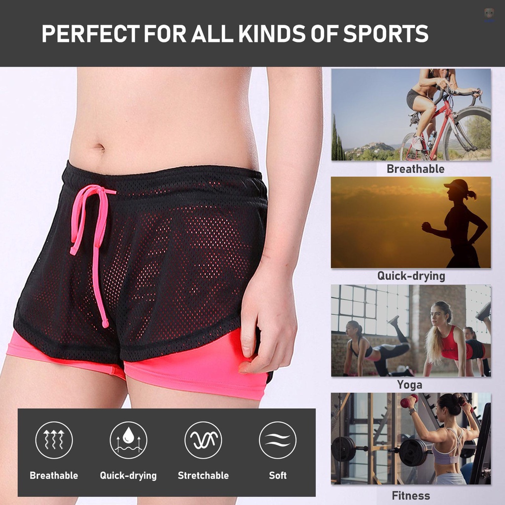 Quần Short Thể Thao 2 Trong 1 Lưng Thun Rút Dây Nhanh Khô Thoáng Khí Cho Nữ