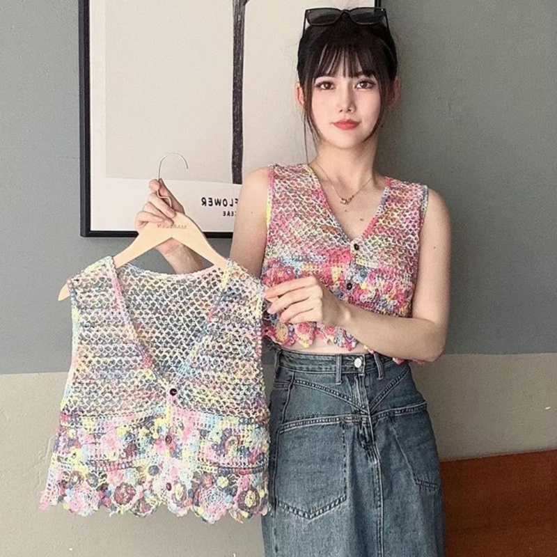 Áo Cardigan Đan Móc Nhiều Màu Không Tay Cổ Chữ V Thời Trang Mùa Hè Cho Nữ