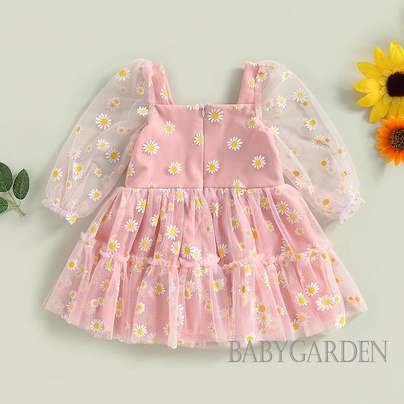 Đầm Công Chúa Dáng Chữ A Tay Dài Phối Lưới In Họa Tiết Hoa Cúc Xinh Xắn Thời Trang Cho Bé Gái 3 Tháng-3 Tuổi