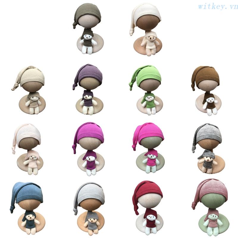 Set 2 Mũ Beanie Đính Nơ Đuôi Dài Dùng Làm Đạo Cụ Chụp Ảnh Cho Bé Sơ Sinh