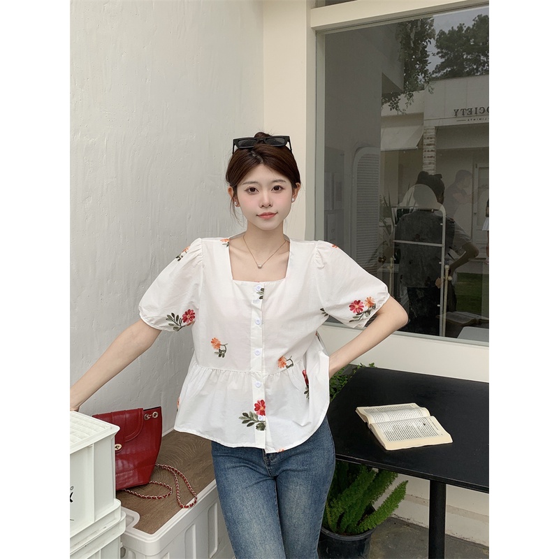 SUXI Áo Kiểu Tay Phồng Cổ Vuông Thêu Hoa Phong Cách Vintage Ngọt Ngào Cho Nữ