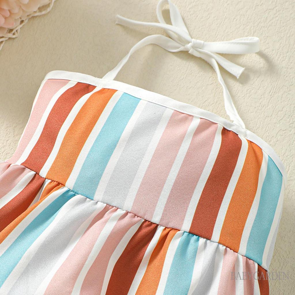 Bộ Áo Liền Quần Không Tay Phối Bèo Họa Tiết Kẻ Sọc Nhiều Màu Thời Trang Mùa Hè Cho Bé Gái 0-24 Tháng Tuổi