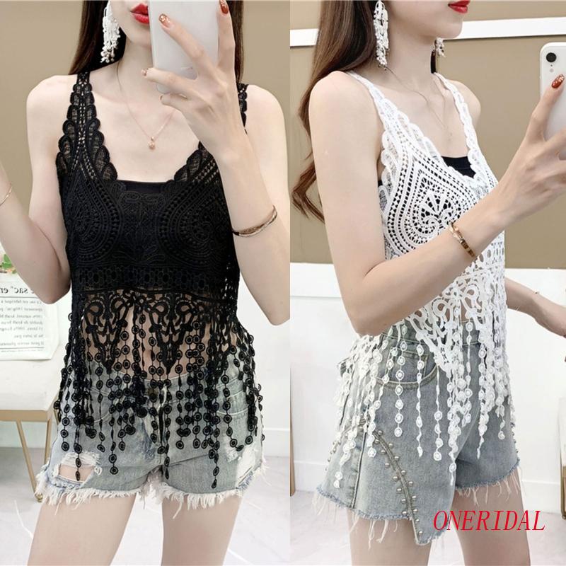 Áo Tank Top Tua Rua Dài Không Đều Màu Trơn Kỳ Nghỉ Cho Nữ
