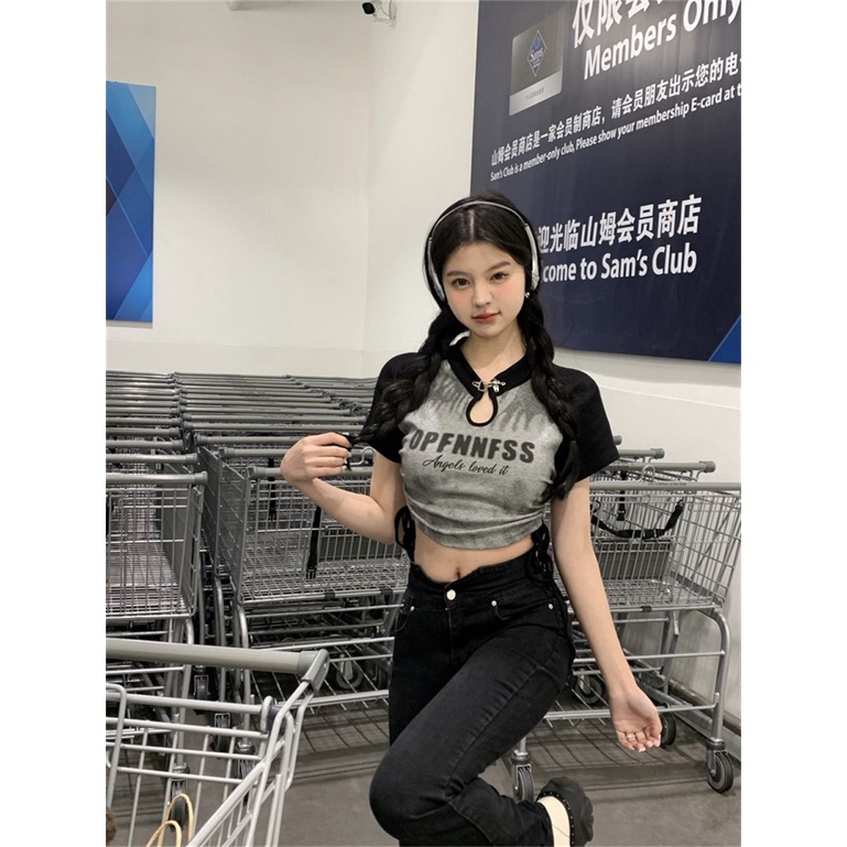 Áo baby tee Thun croptop Ngắn Tay In Chữ Thiết Kế Dây Rút Phong Cách Mới Mùa Hè Cho Nữ