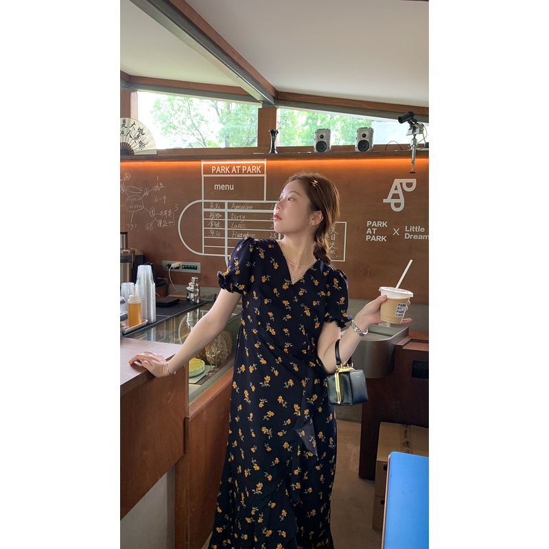 Đầm Dài Tay Phồng Cổ Chữ V In Hoa Thời Trang Mùa Hè Nhẹ Nhàng Dành Cho Nữ