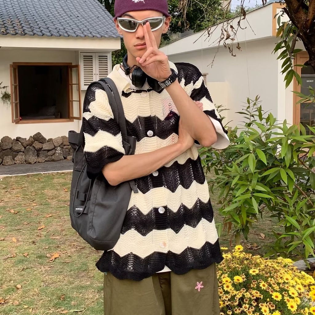 Áo polo Dệt Kim Tay Ngắn Dáng Rộng Họa Tiết Kẻ Sọc Màu Sắc Tương Phản Thời Trang Mùa Hè Cho Nữ