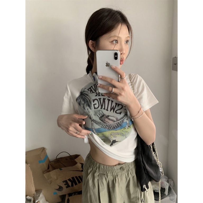 Áo baby tee Thun croptop Cotton Ngắn Tay Ôm Dáng In Chữ Phong Cách Retro Thời Trang Mùa Hè Cho Nữ