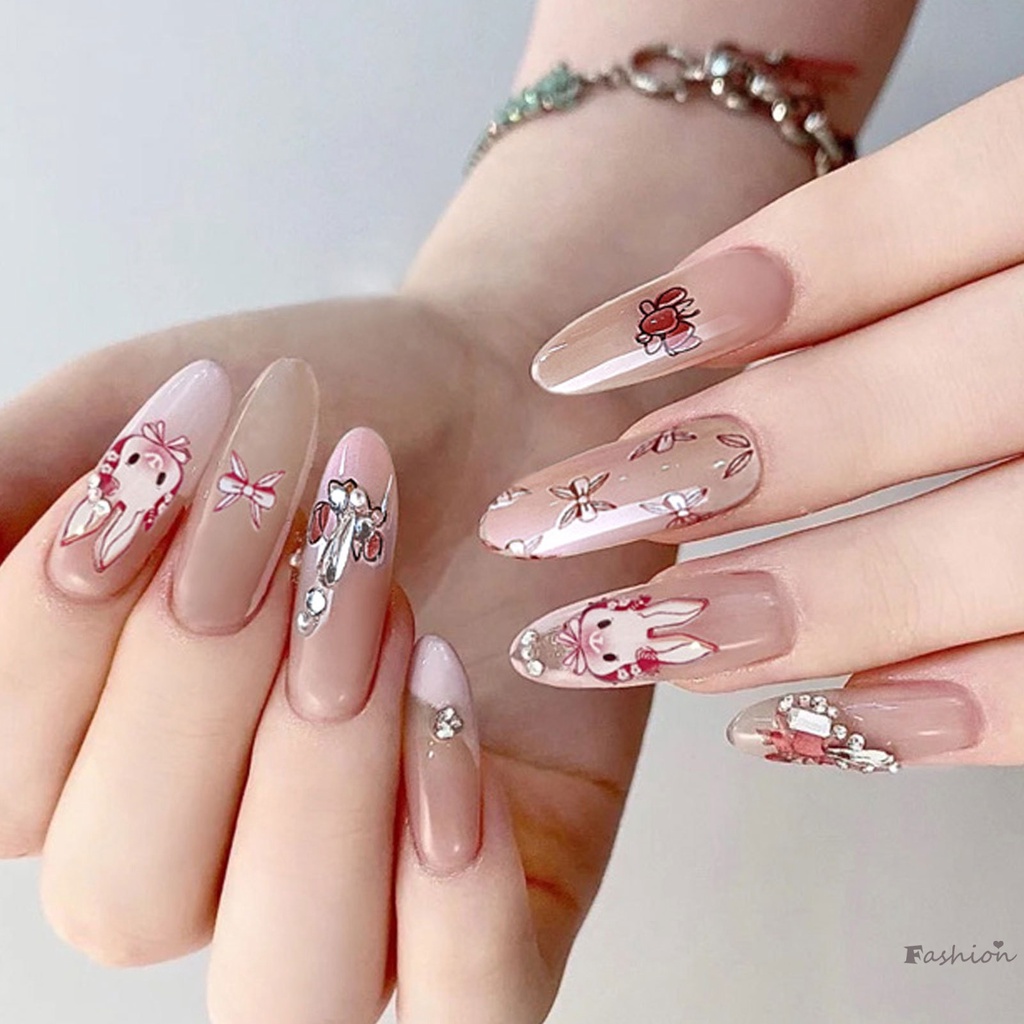 Bộ Móng Tay Giả Màu Hồng Hình Thỏ Dễ Thương Bền &amp; Không Bao Giờ Xẻ Tà